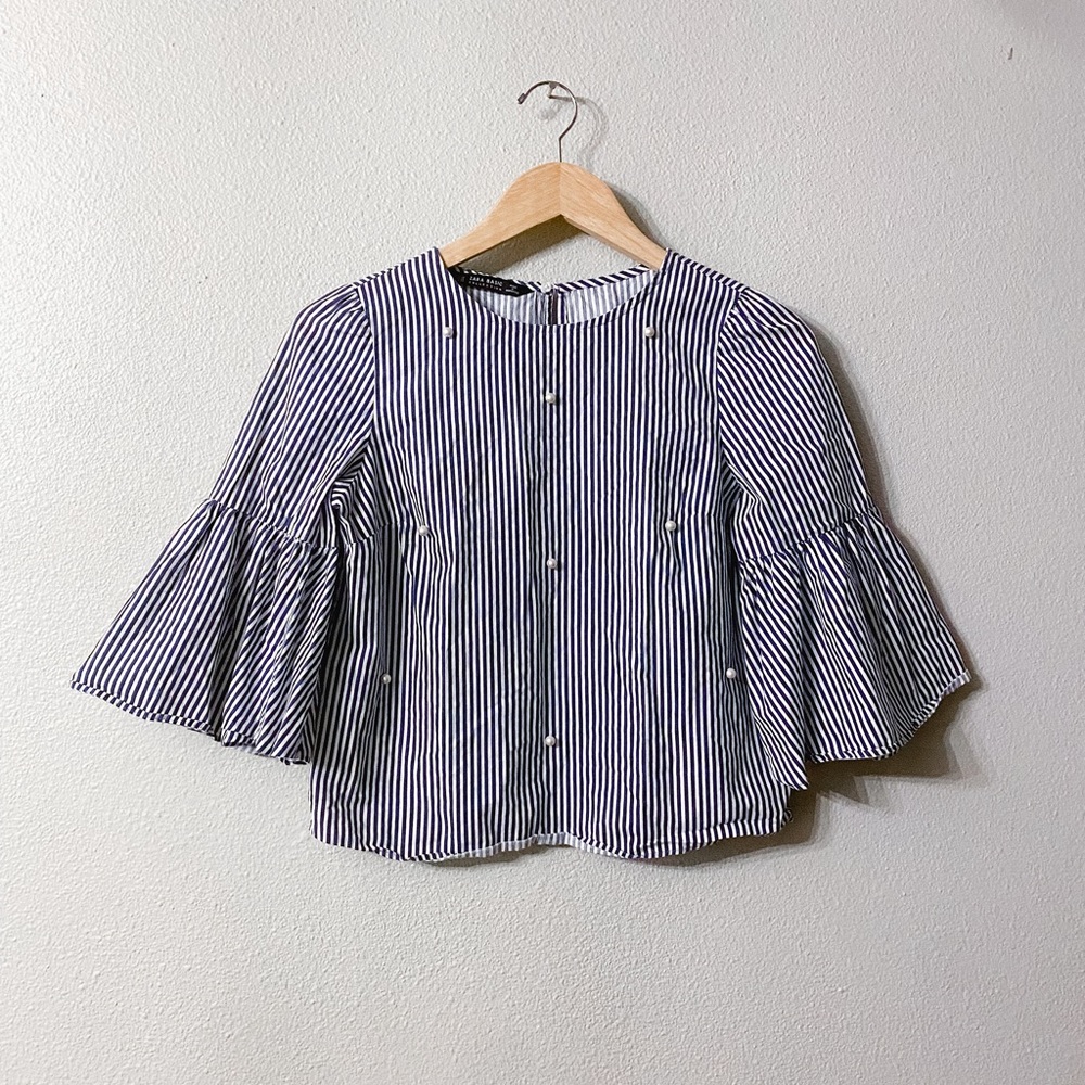 Zara Basics Blue & White Striped Boxy Crop with Pearl Details and Bell Sleeves